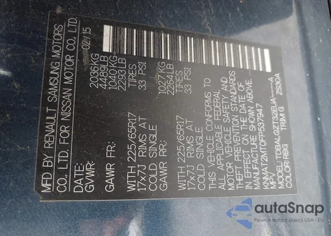 2015 Nissan Rogue Sv z USA, uszkodzony, nr VIN KNMAT2MT0FP537947